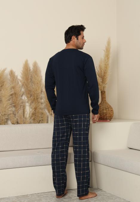 Pijama Barbati ,Maneca si Pantaloni Lungi,Culoare Bleumarin cu Crem ,Engros